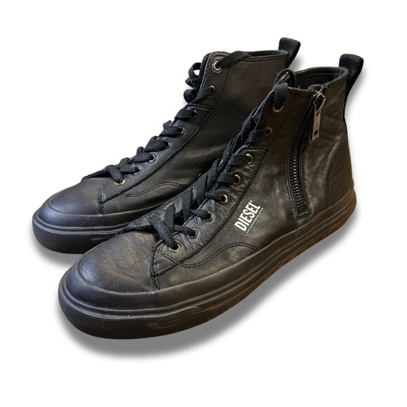 Diesel S-Athos DV Mid Black Leather High-Top Sneakers With Side Zipper Lace-Up C - Picture 4 of 10